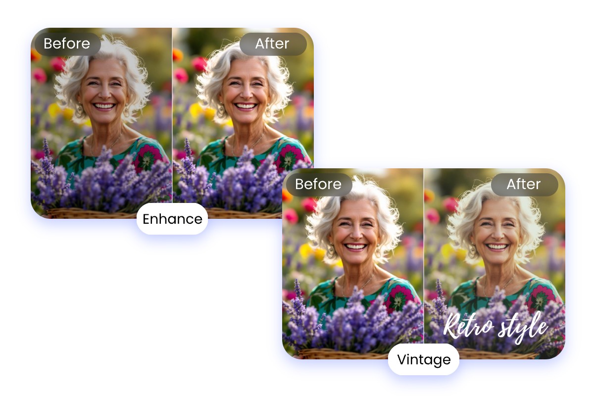 ヴィンテージ加工の適用前後で写真品質を向上