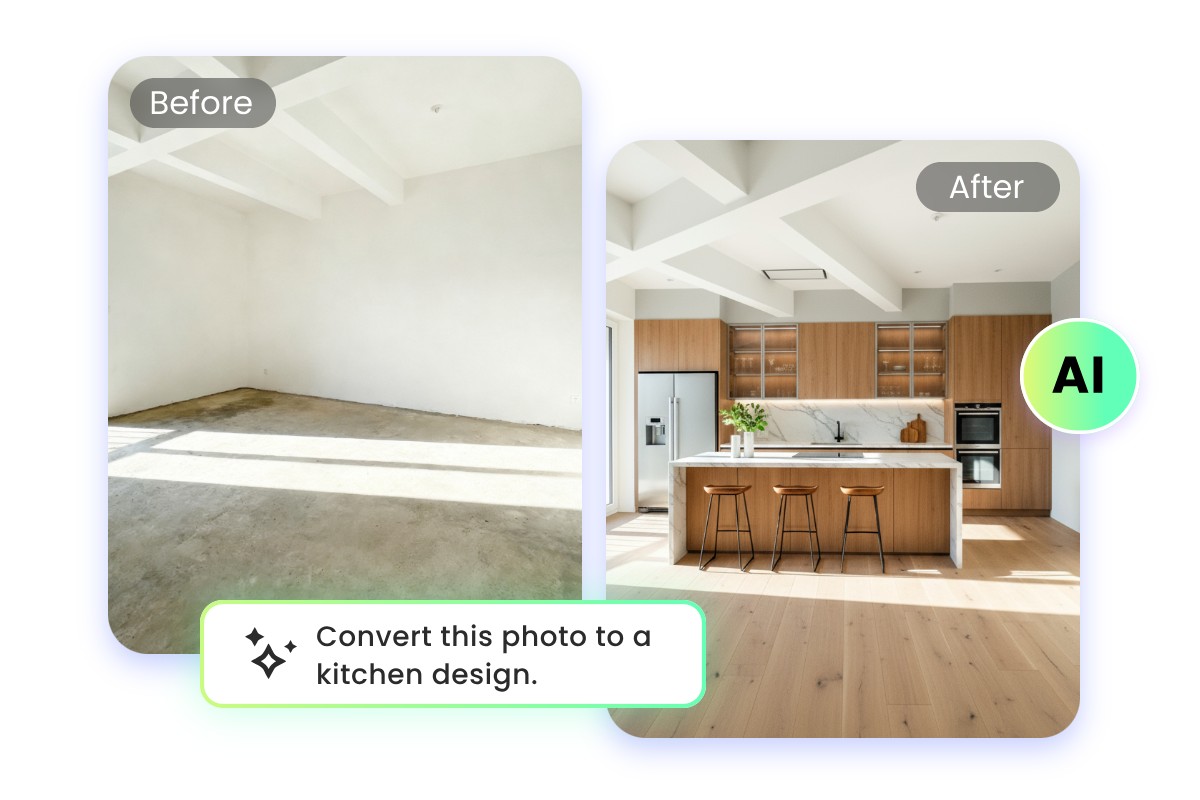 Use prompt to turn a photo of an empty space into an ai kitchen design with fotor