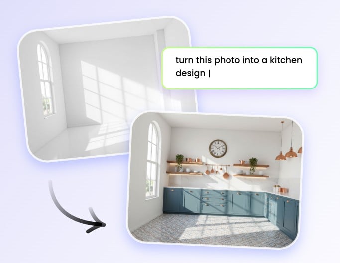 Use prompt to turn a photo of an empty space into an ai kitchen design