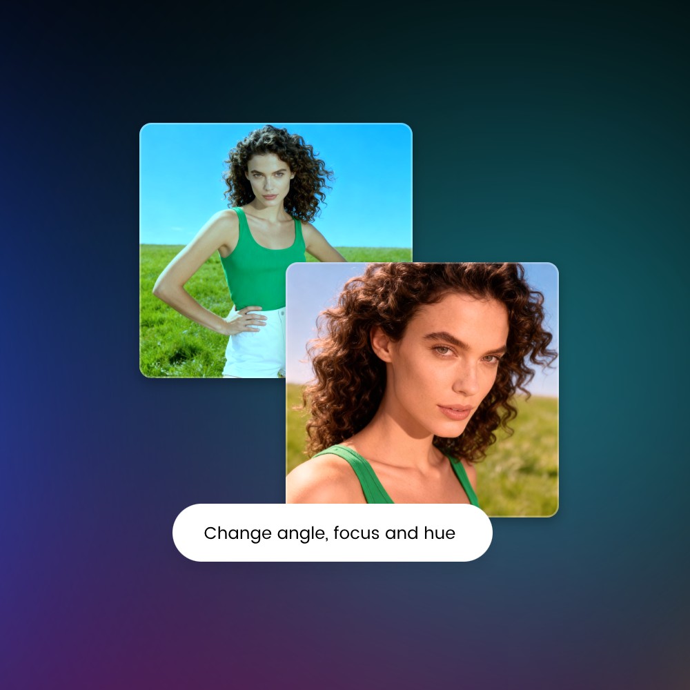 Use text prompts to change angle focus and hue of a female portrait photo