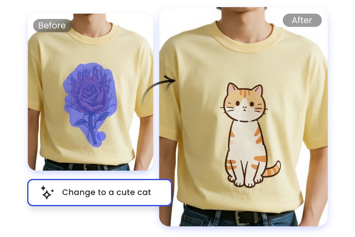 Use the ai replace tool to change a rose shirt design into a cat shirt design