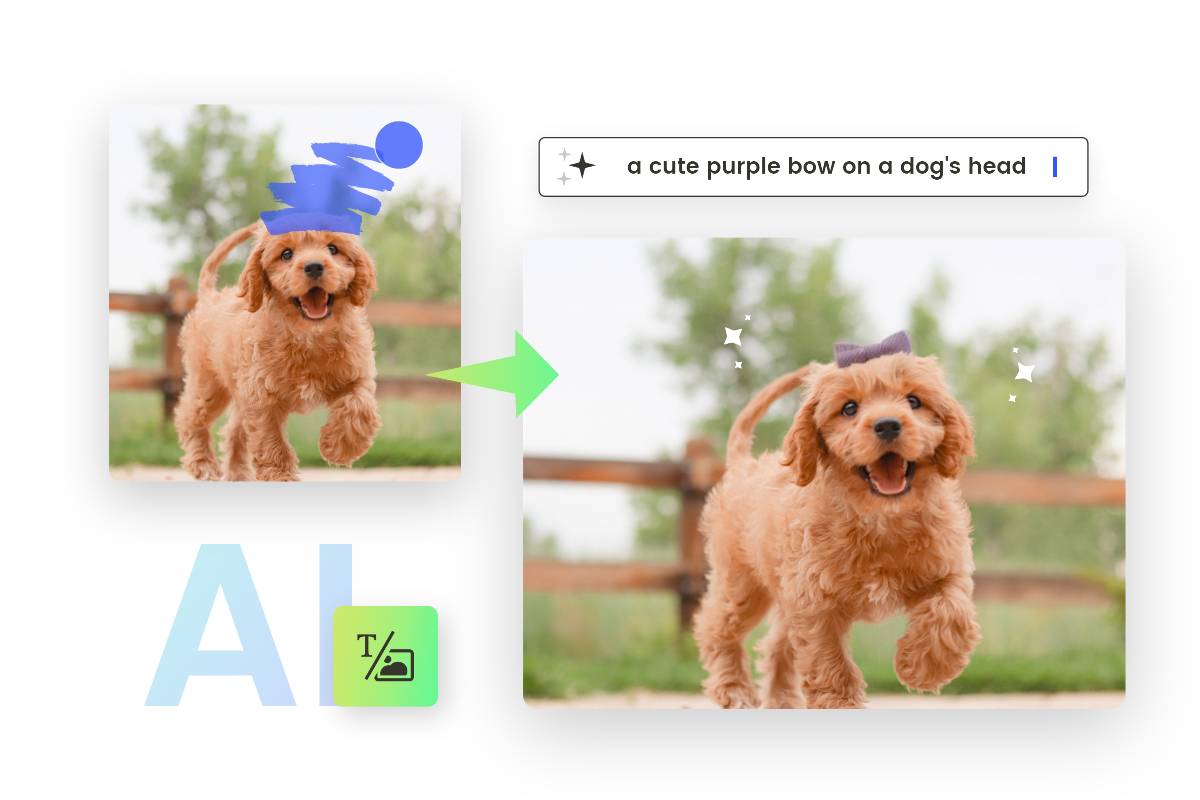 Use the magic brush from fotor ai image inpainting tool to generate a purple bow on the dogs head