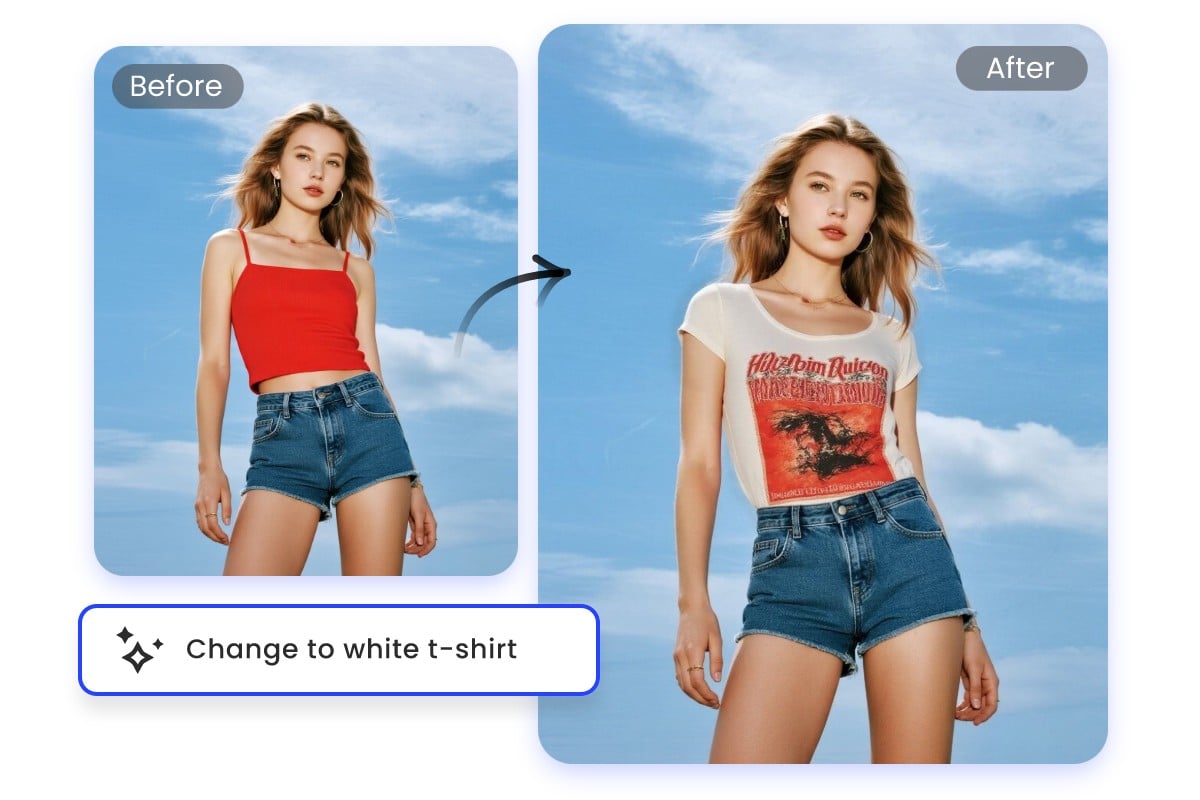 Use virtual try on to apply the ai shirt design to a female model in the photo