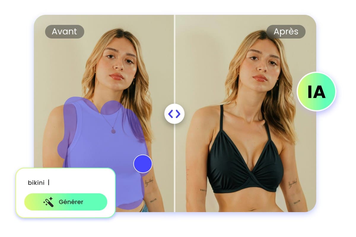 Utiliser outil de remplacement IA de Fotor pour changer les vêtements dune femme blonde aux cheveux longs en sexy bikini IA