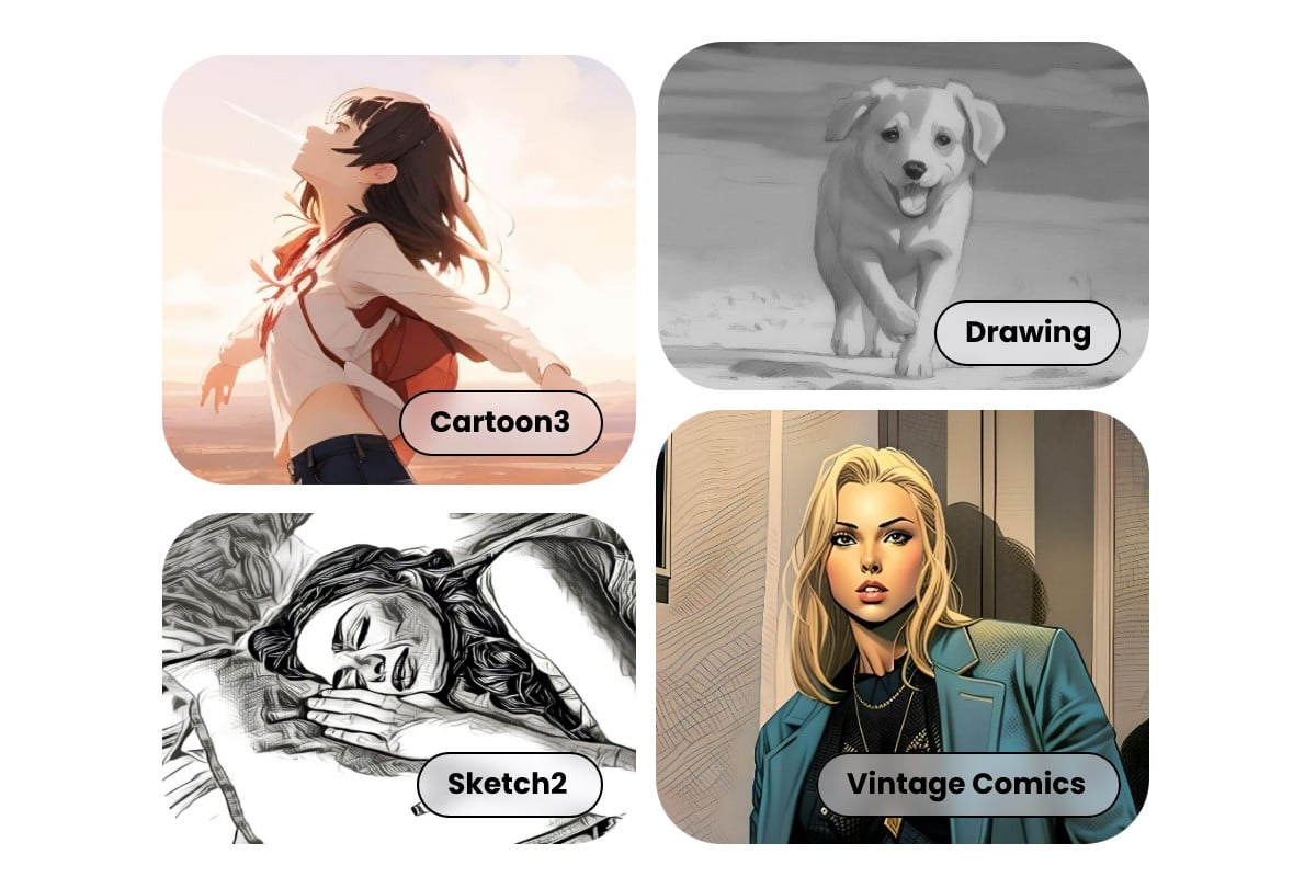 Various filters like cartoon drawing sketch vintage comic and more