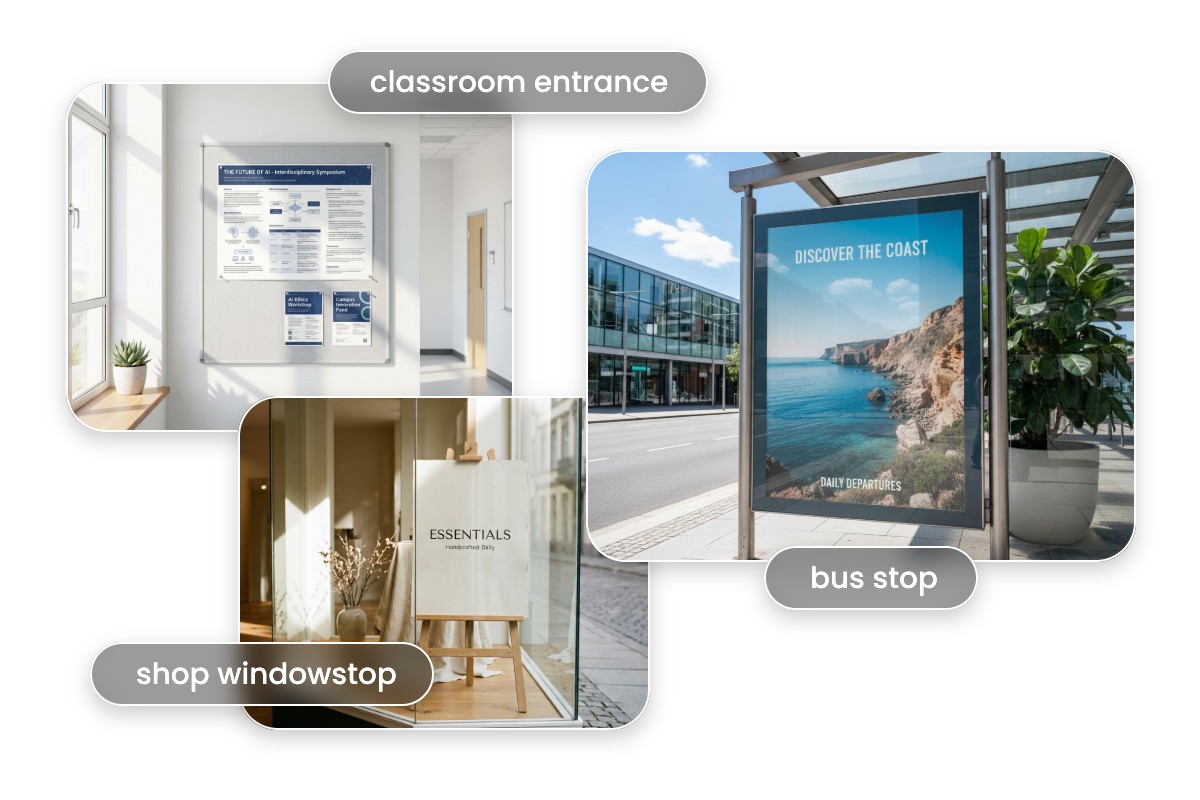 Visualize poster mockups in three realistic scenes