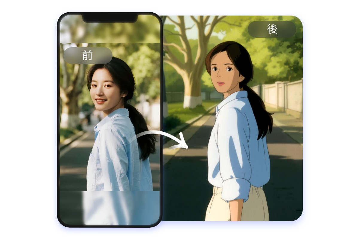 在免費的 AI照片轉動漫app中將白色襯衫的女生圖片轉換為動漫風格