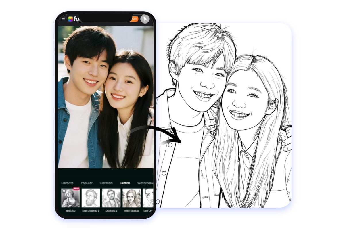 在手機上用Fotor的照片變手繪功能把一對情侶合照變為素描似顏繪