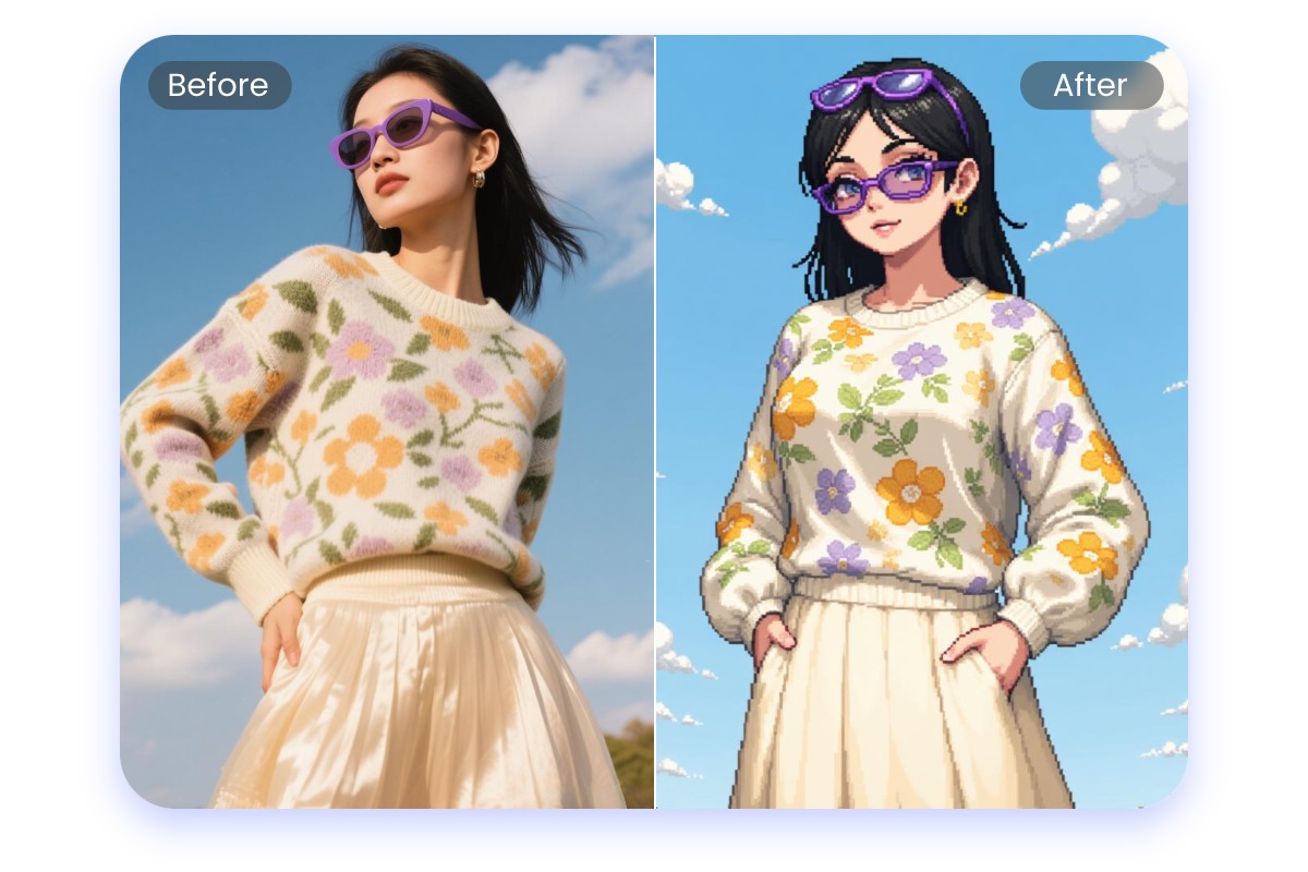 將一個身著碎花裙女士的照片變為馬賽克藝術