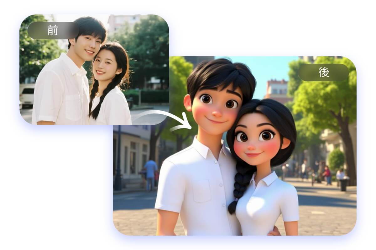 將一對恩愛情侶的照片轉動漫風格