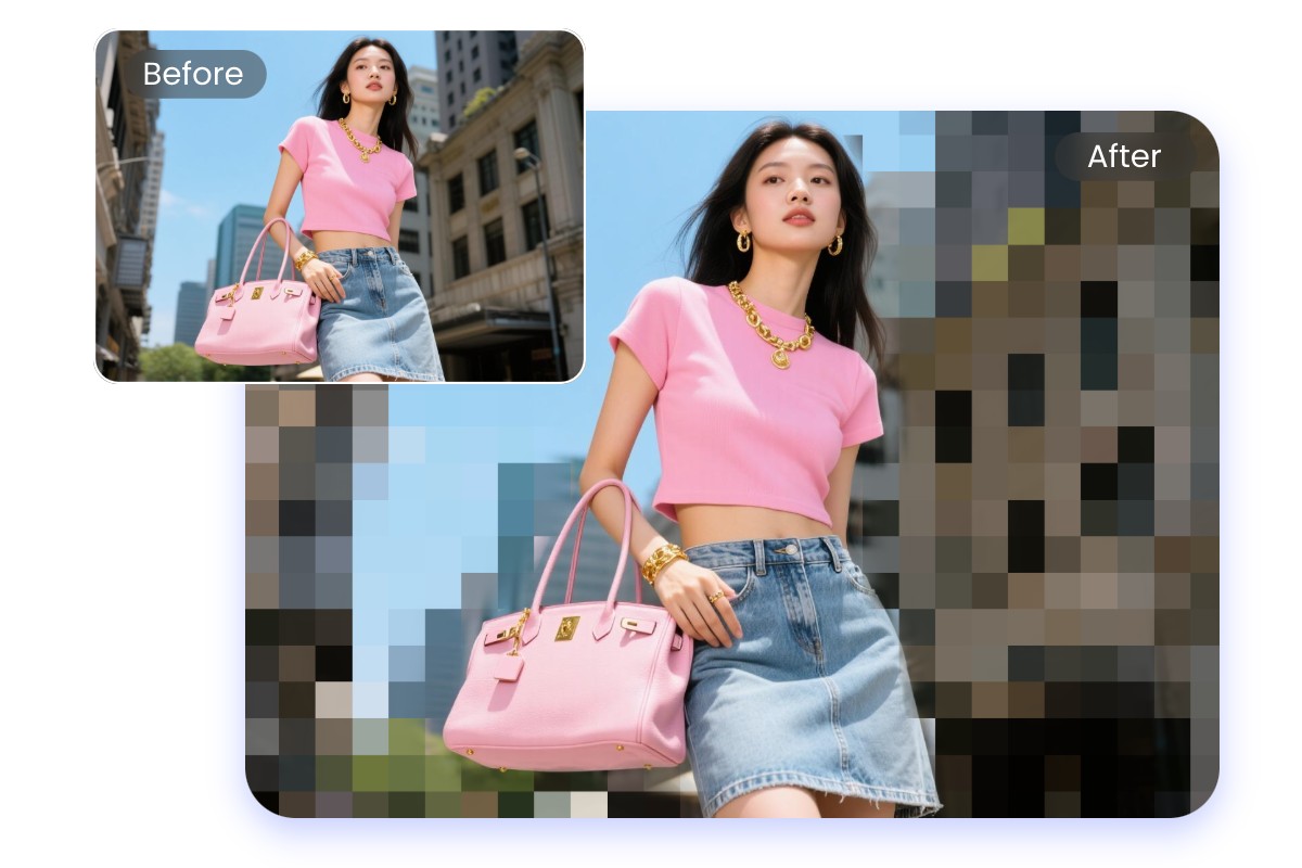 將一張背著粉紅包包的世貿女性照片的背景變為馬賽克