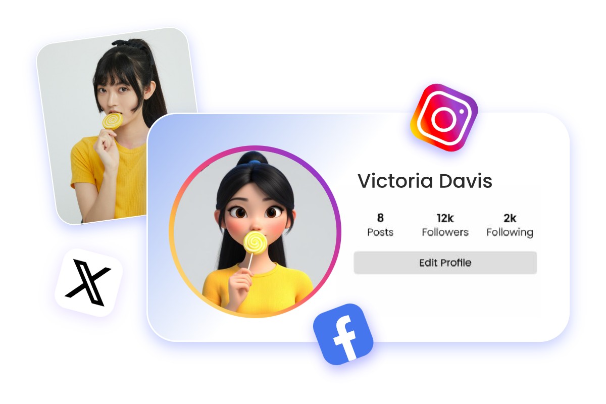 將一張身著黃色衣服的亞洲女性照片變為動漫風格並用作社群媒體頭像