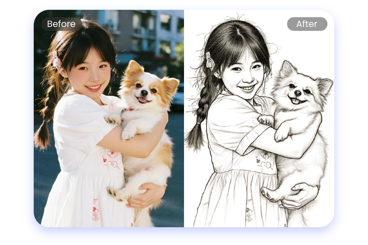 將抱著貓的小女孩照片變為手繪線條動畫風格