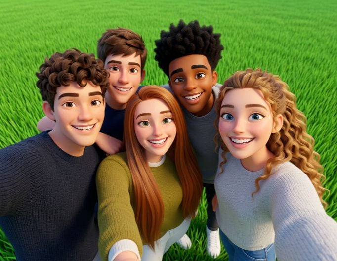 3d cartoon version of a 5 people group photo