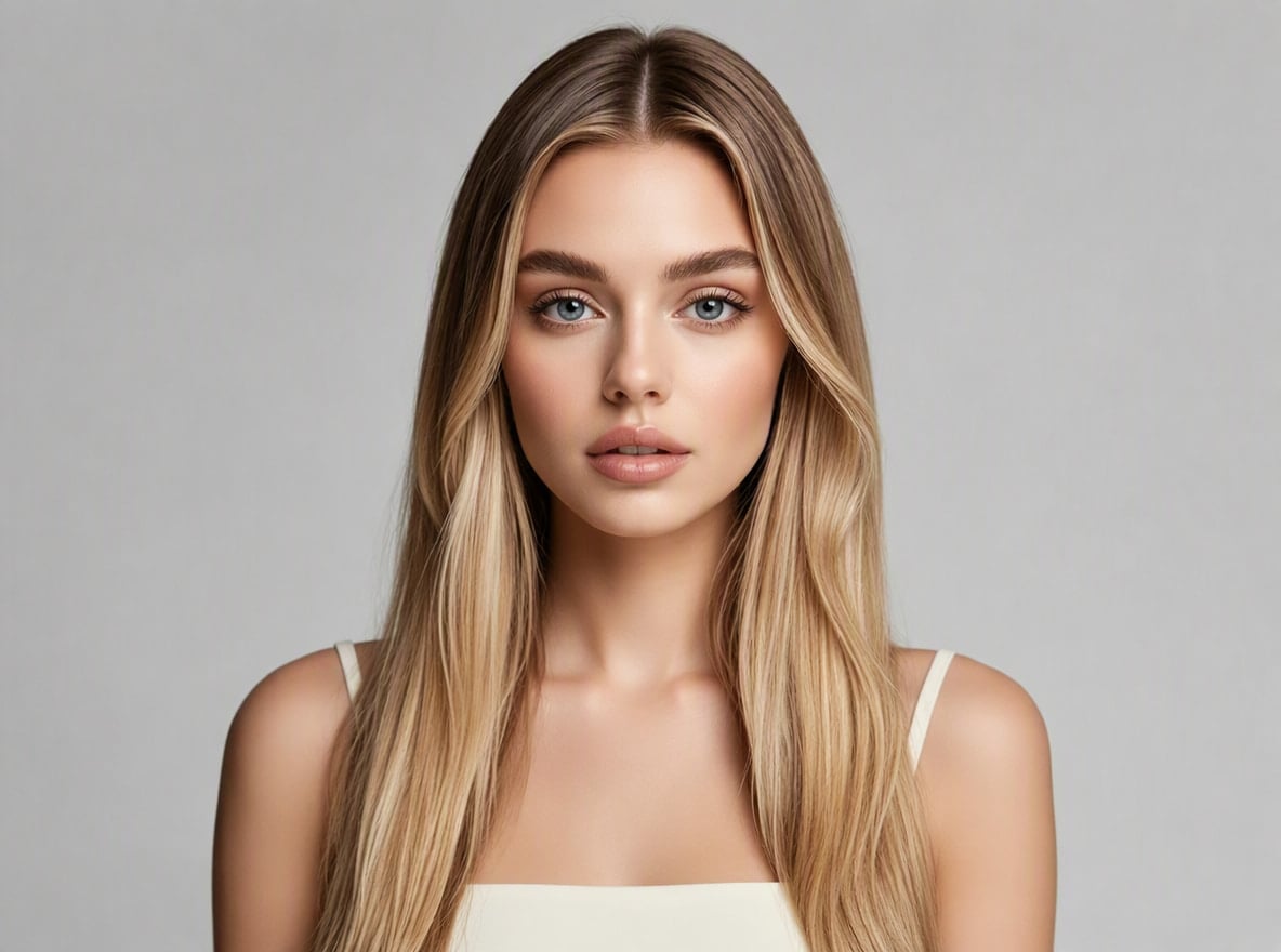 A woman with long blonde straight hair before using Fotor AI hairstyle changer