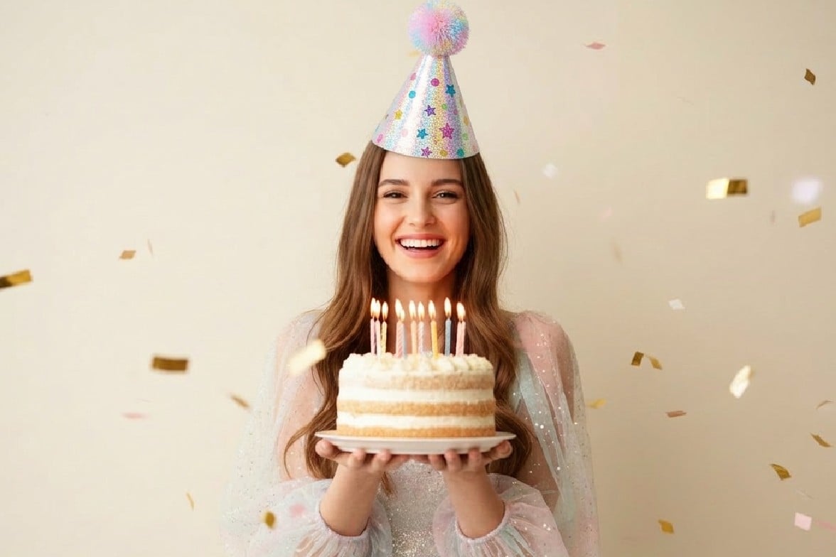 A woman with long hair holding a birthday cake after using Fotor to add a birthday hat to photo