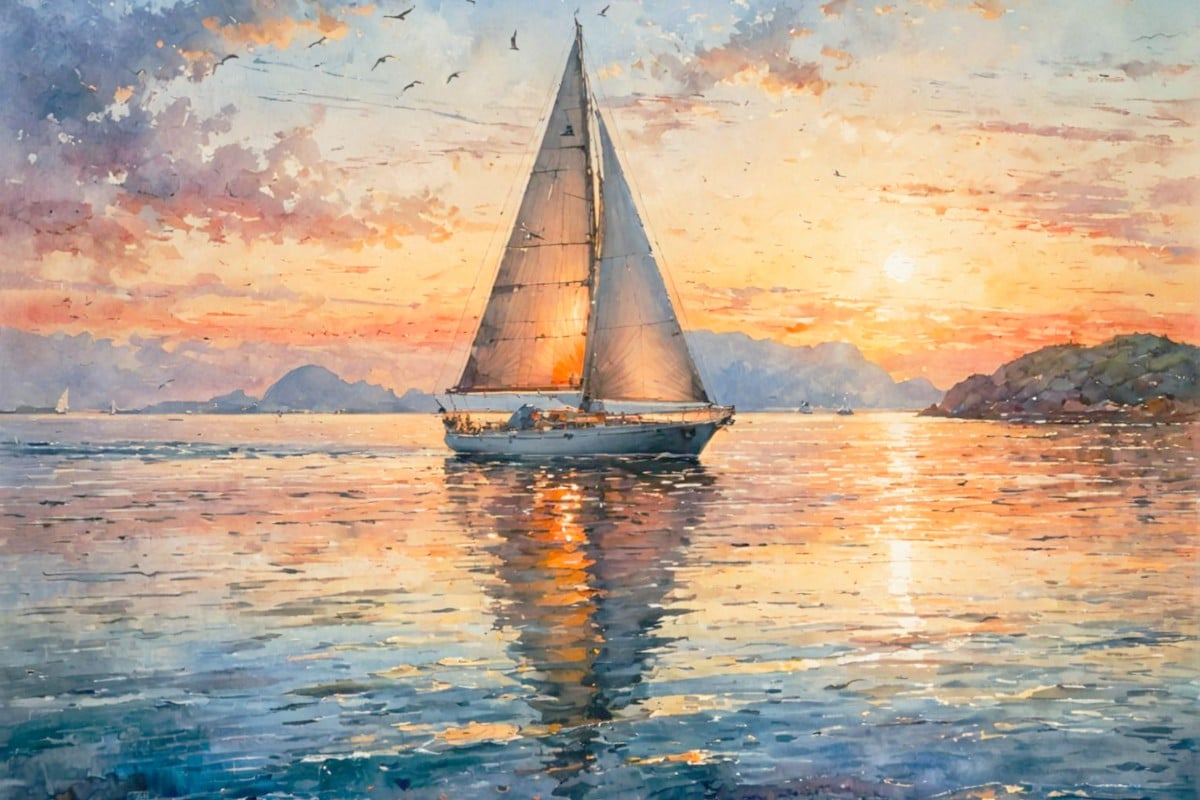 After image showing a sailboat sails at sunset over calm water