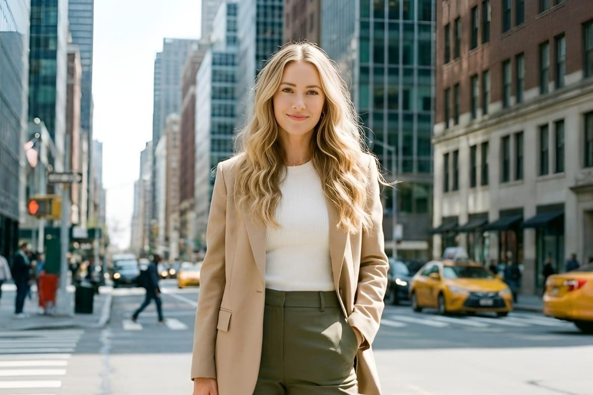 Before image featuring a blonde haired woman standing in the street