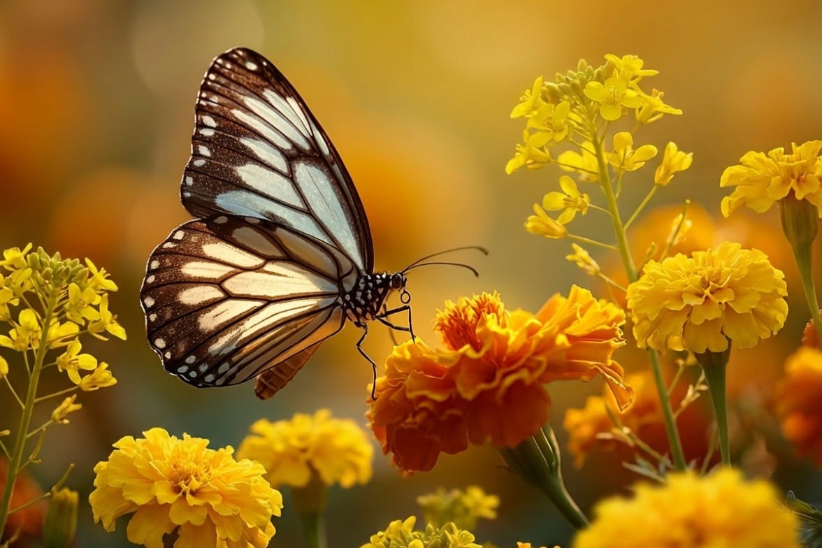 Before image showing a butterfly alights upon a flower