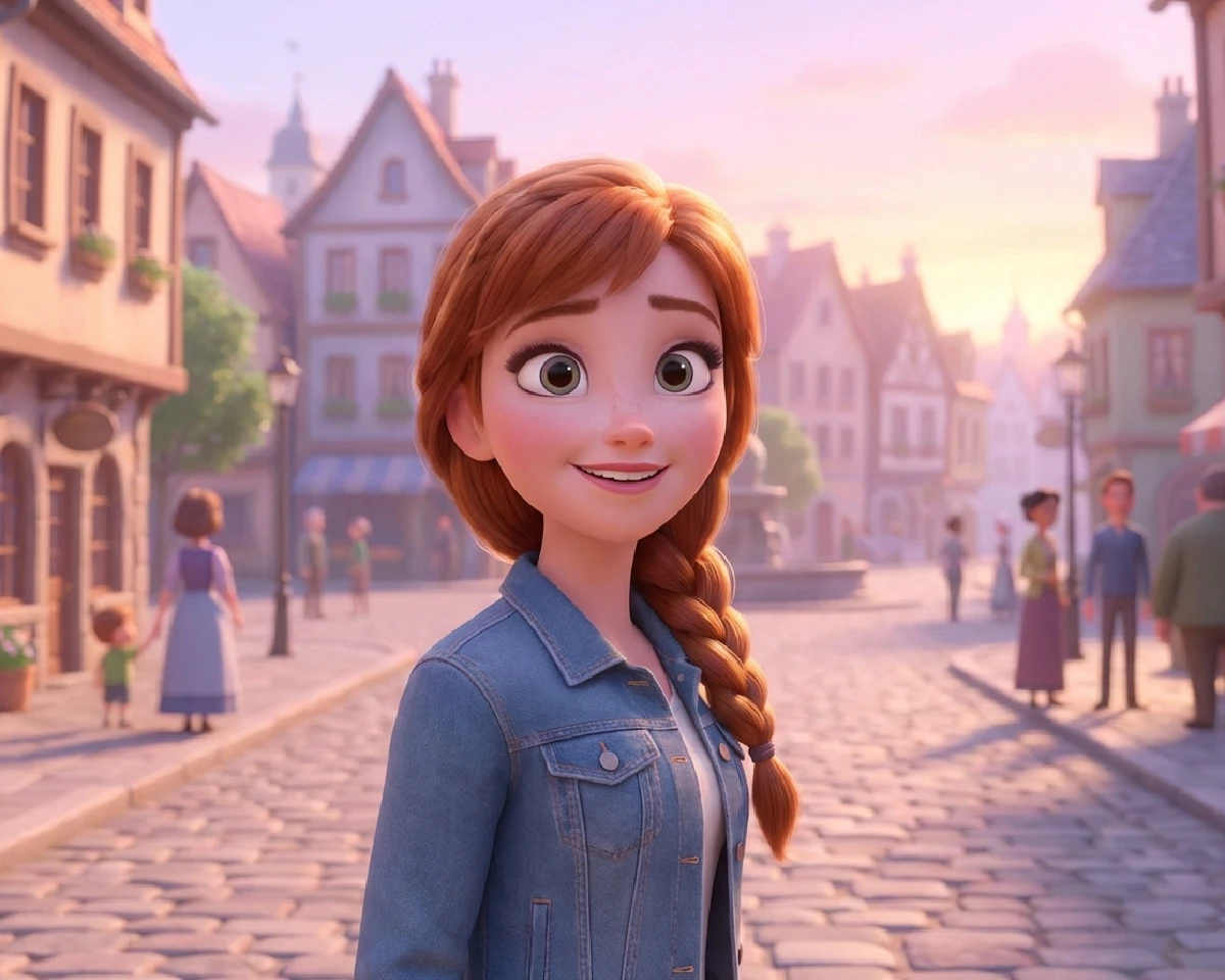 Cartoon illustration of a red haired girl standing on a bustling city street