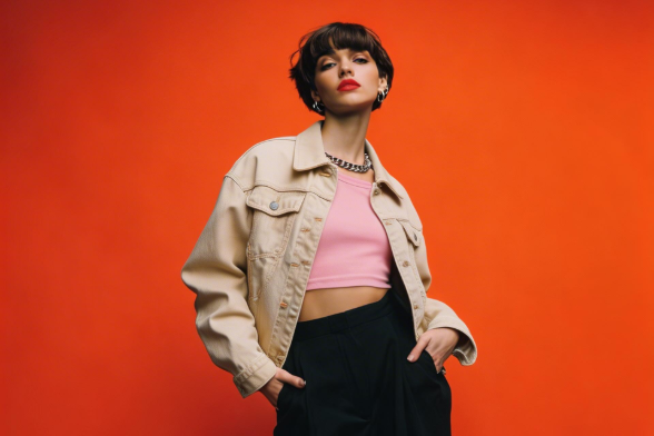 Eine Frau mit heller Jacke und rosen T Shirts fuer PC