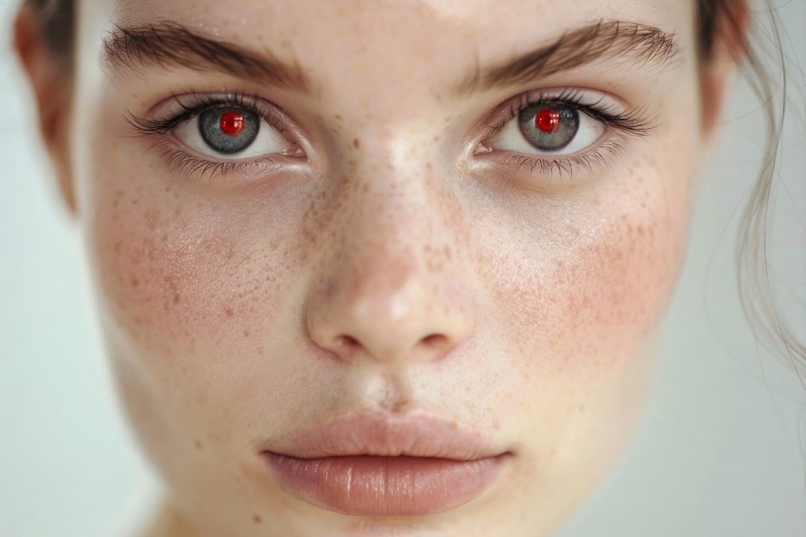 Image originale pour bannière montrant une femme européenne avec des yeux rouges