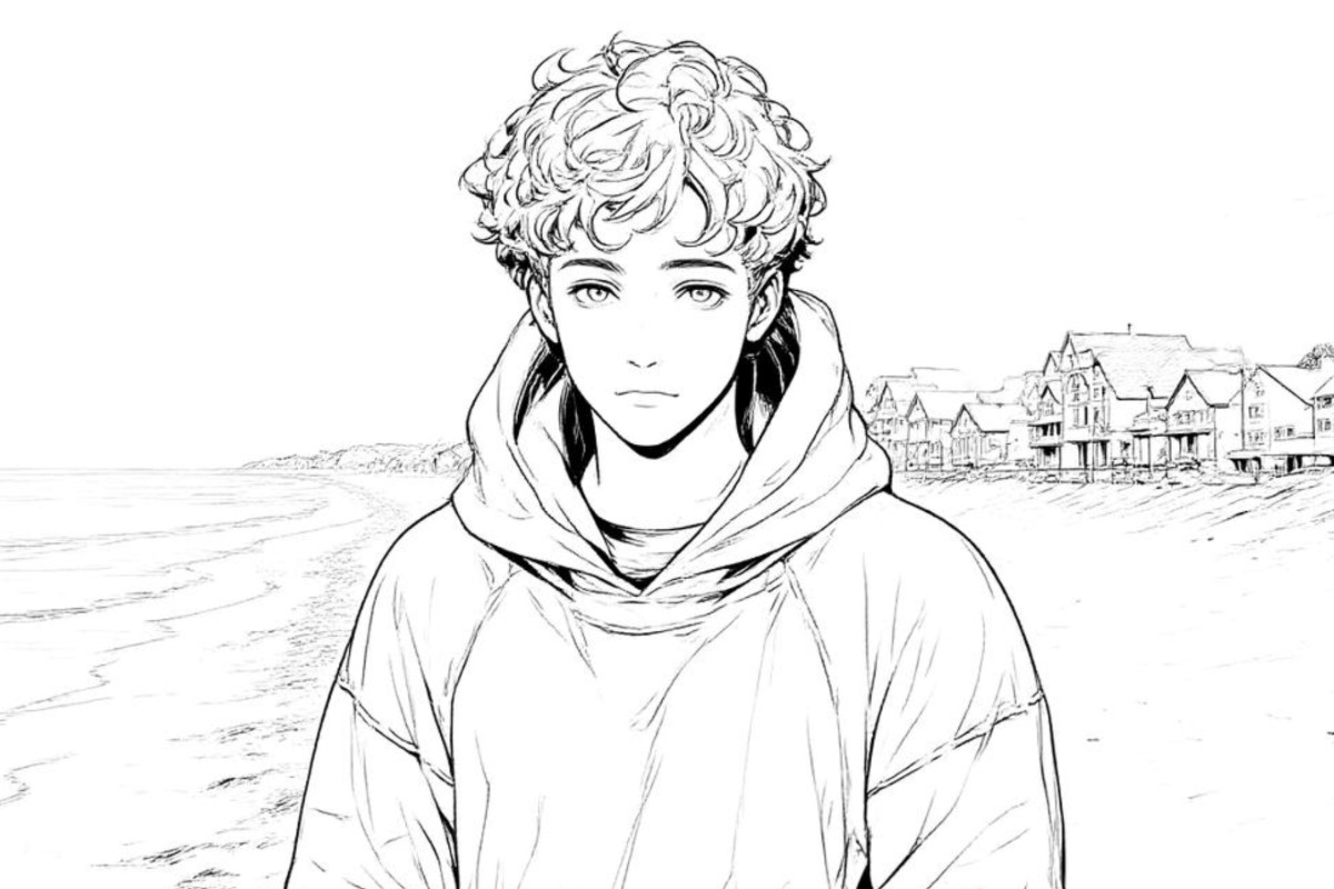 Image style manga noir et blanc dun garçon devant des maisons