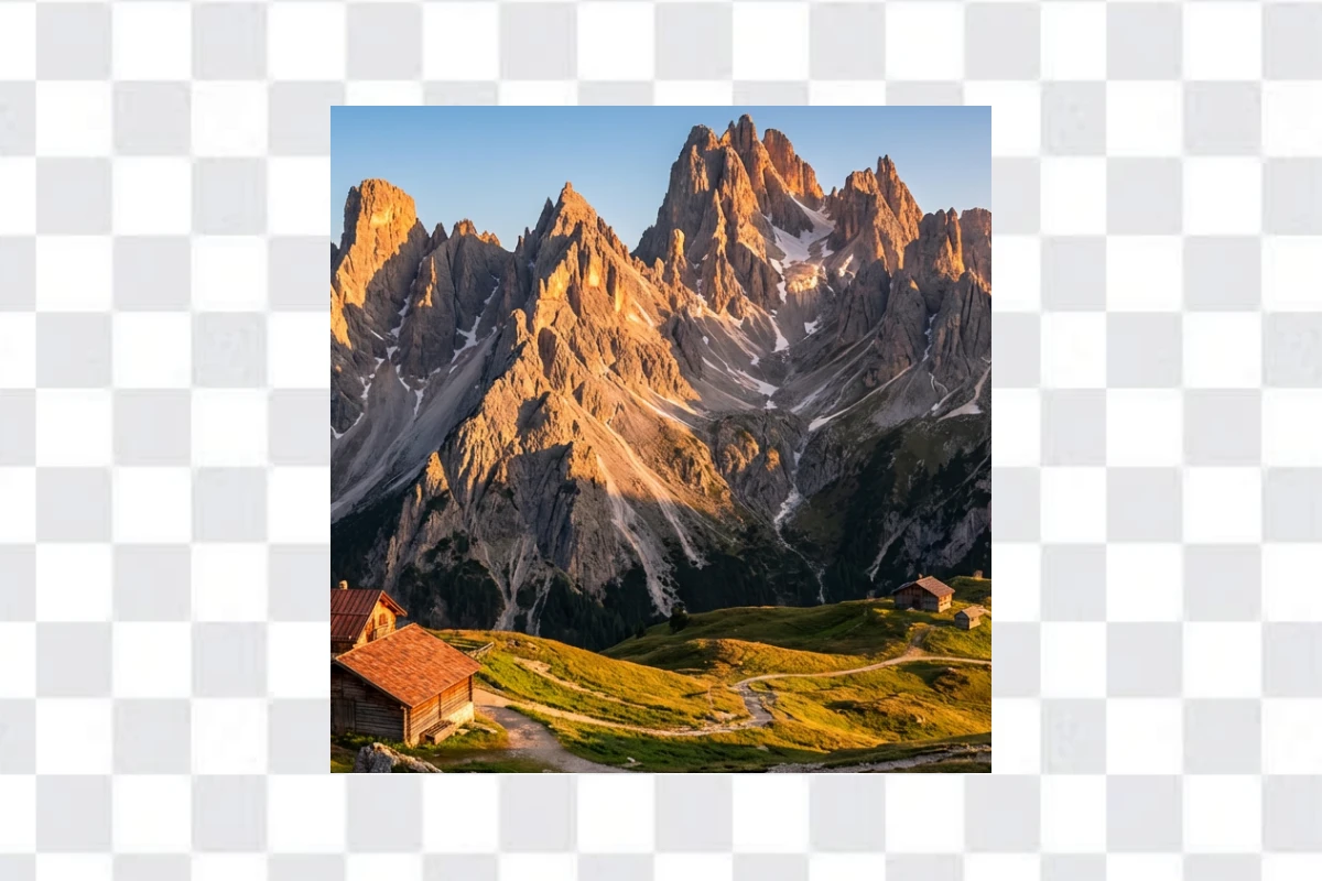 Original square view of snow mountains and meadows