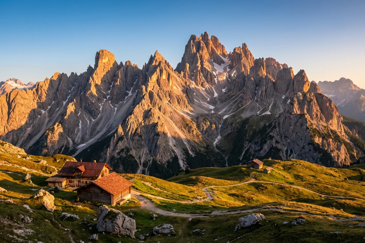 Panoramic landscape of snow mountains with more grass and sky visible