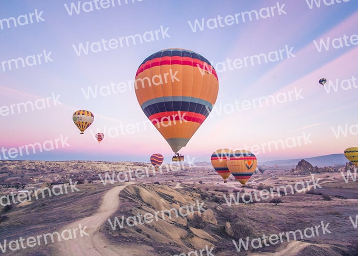 Photo of hot air balloons over a hilly landscape at dusk with watermarks on it