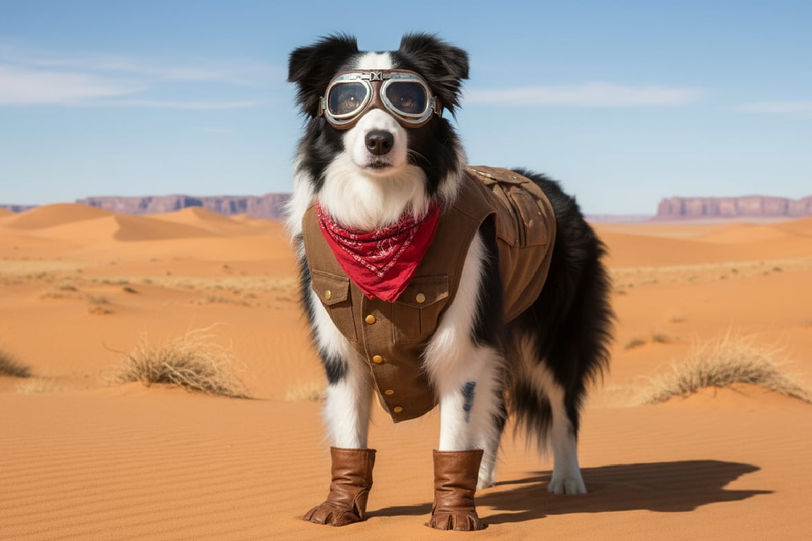 A black and white dog satnds in a desert dressed like an adventurer with goggles and red bandana and leather boots