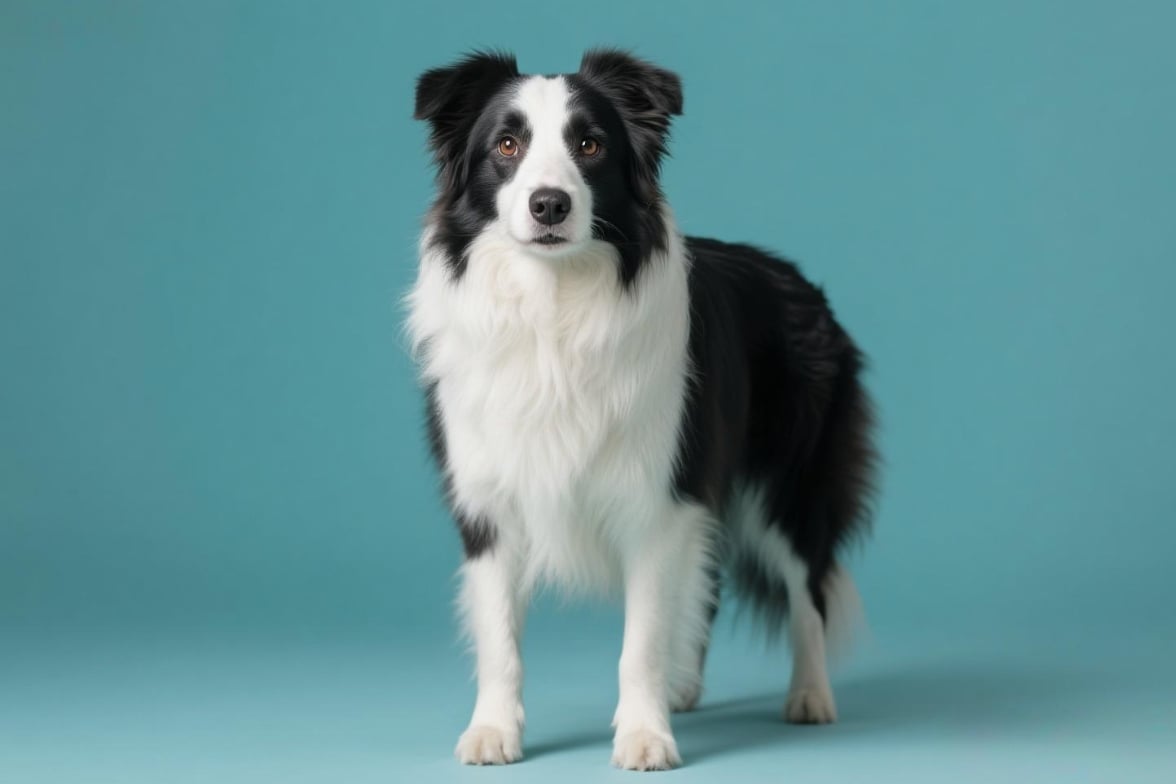 A black and white dog stands in green background