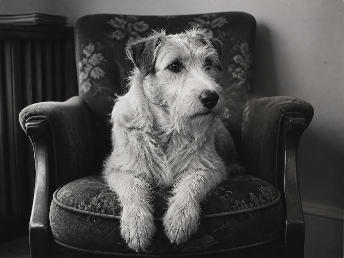 A black and white photo of a cute dog on a sofa