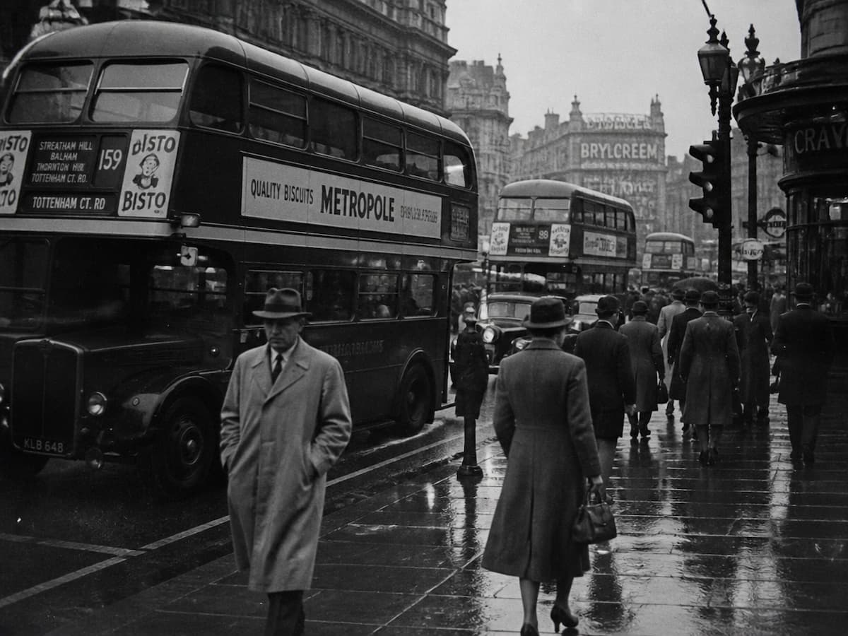 A black and white photo of people and a bus on a rainy street scene