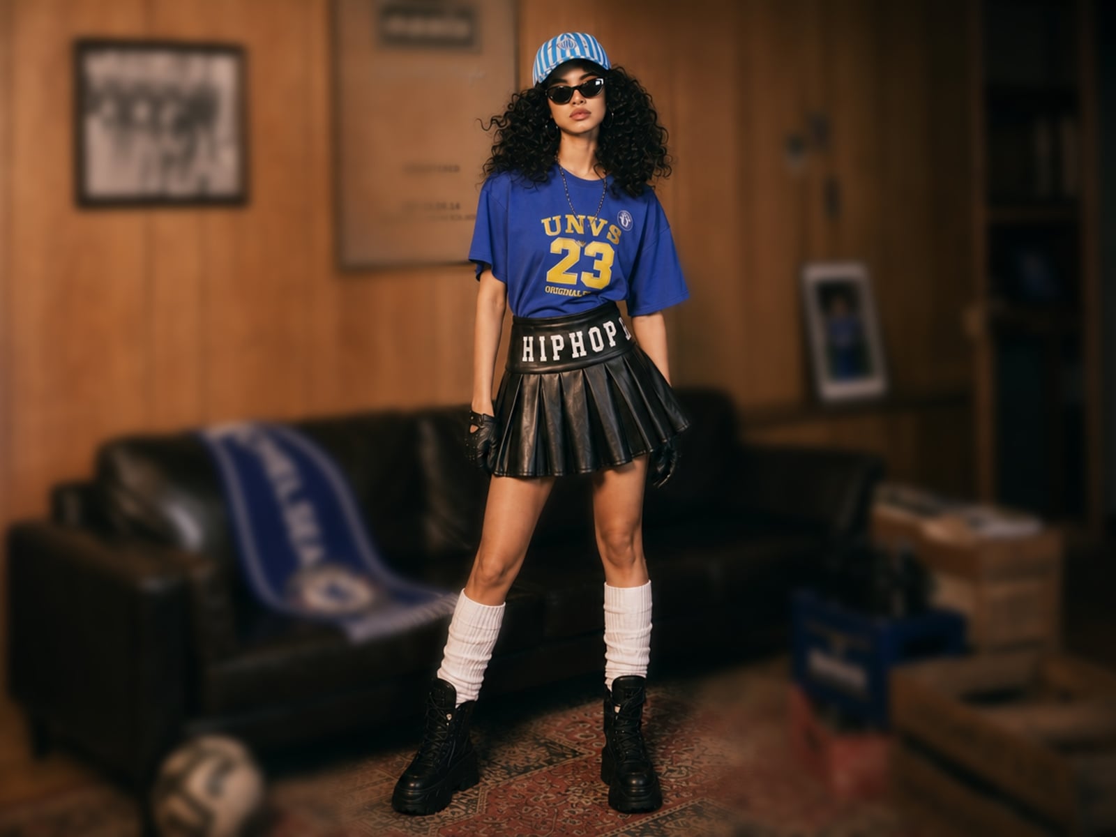 A black curly girl after background blur