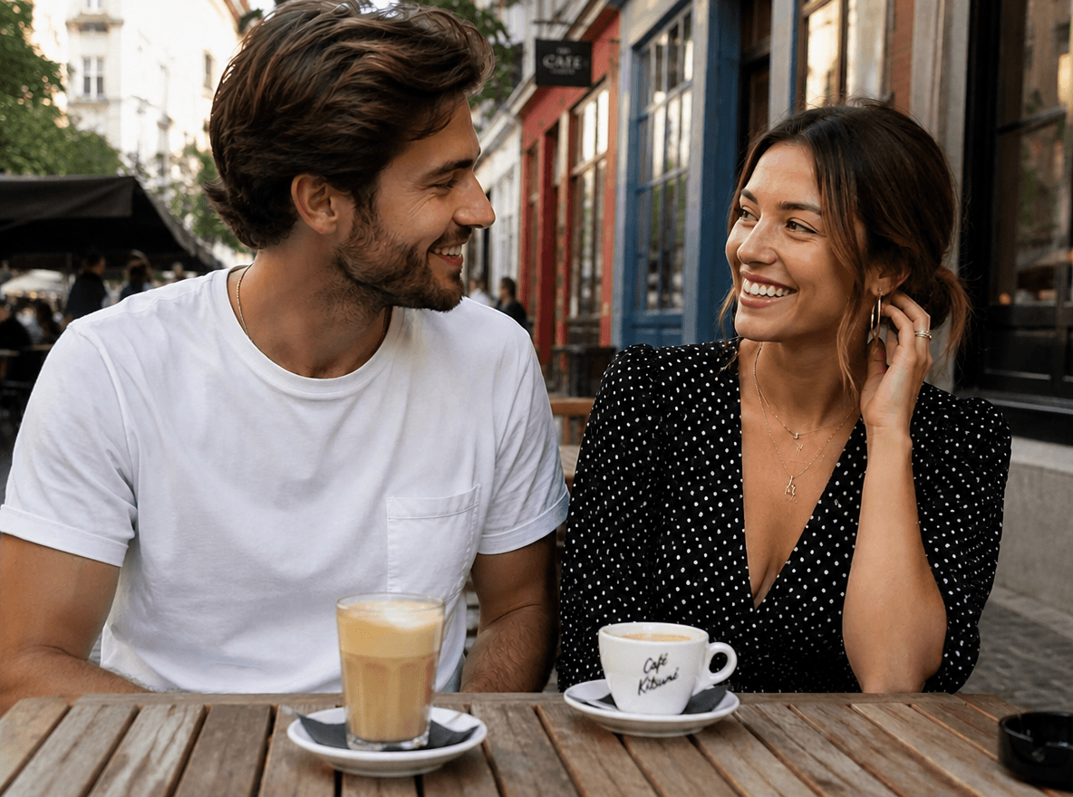A couple lifestyle photo in an outdoor cafe