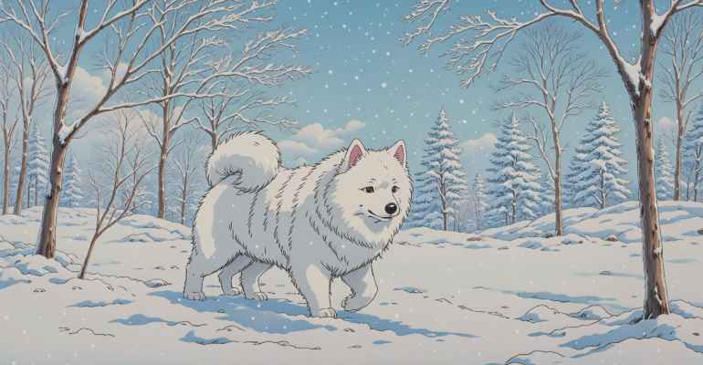 A finished painting of a dog in snow scene after conversion