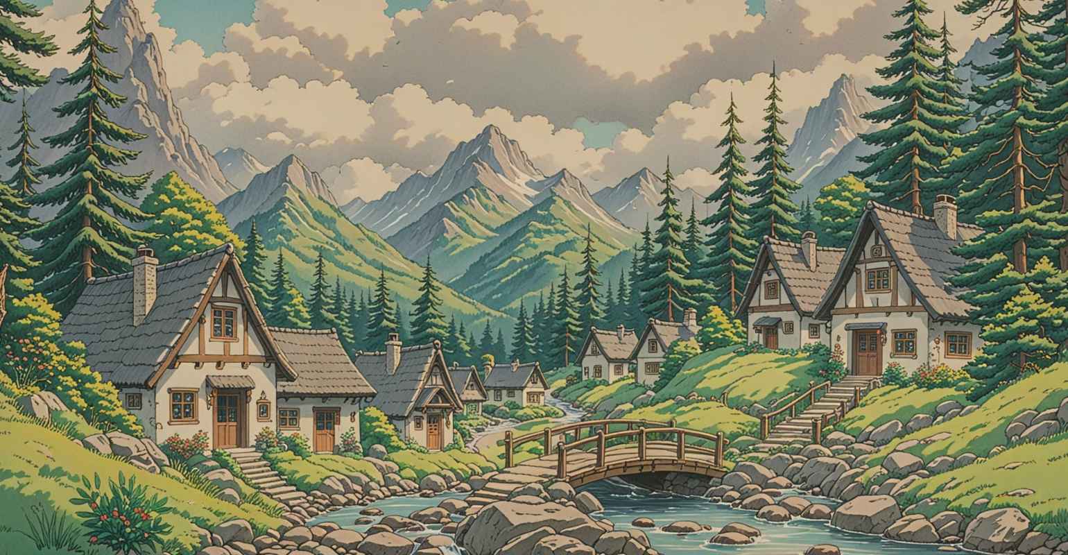 A finished painting of a rural mountain scenery after conversion