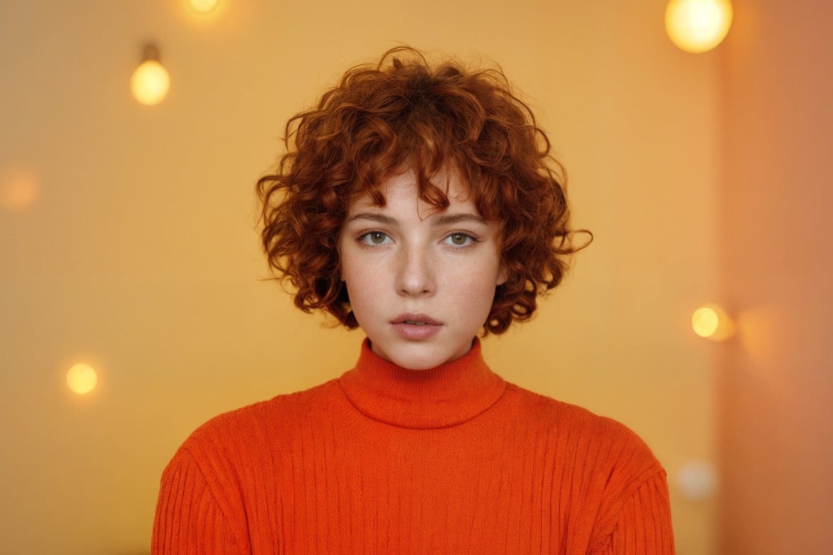 A girl with curly brown hair wearing an orange top warm colored background