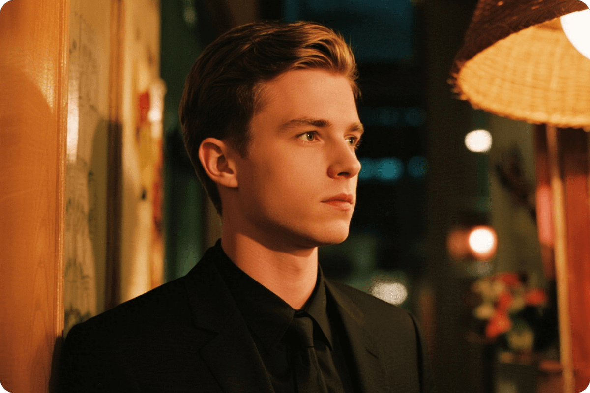 ノイズ除去を施した、薄暗い場所での男性の写真