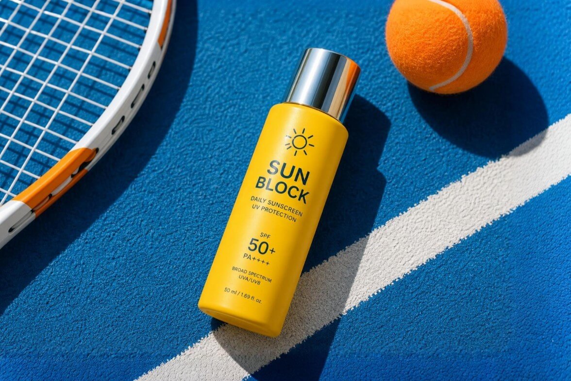A product image of sunscreen against a sports field background