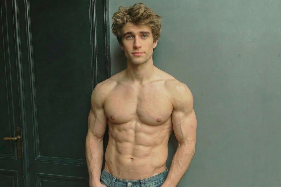 A semi naked handsome man image with six pack abs added using fotor ai abs generator