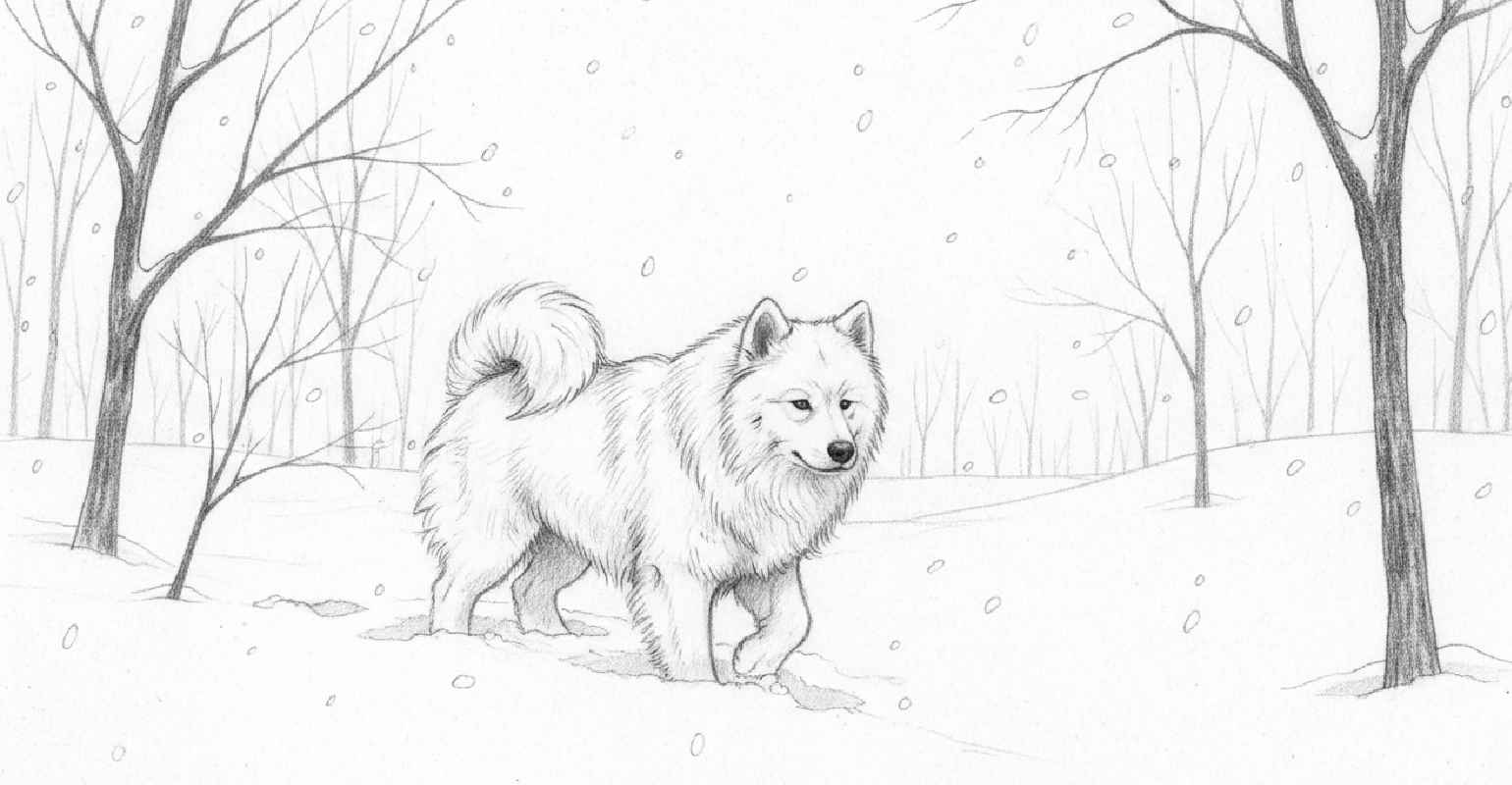 A sketch of a dog in snow scene before conversion