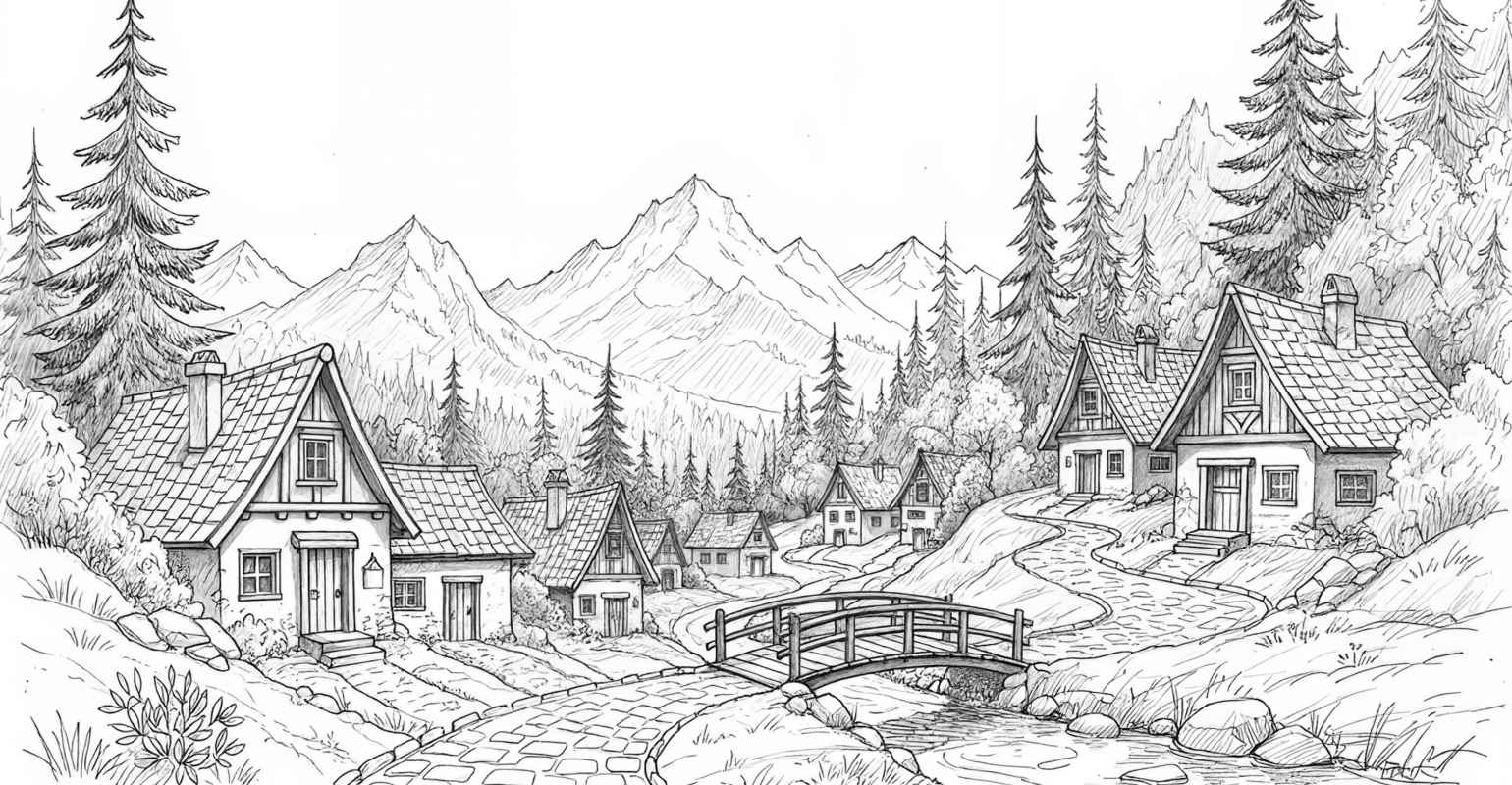 A sketch of a rural mountain scenery before conversion
