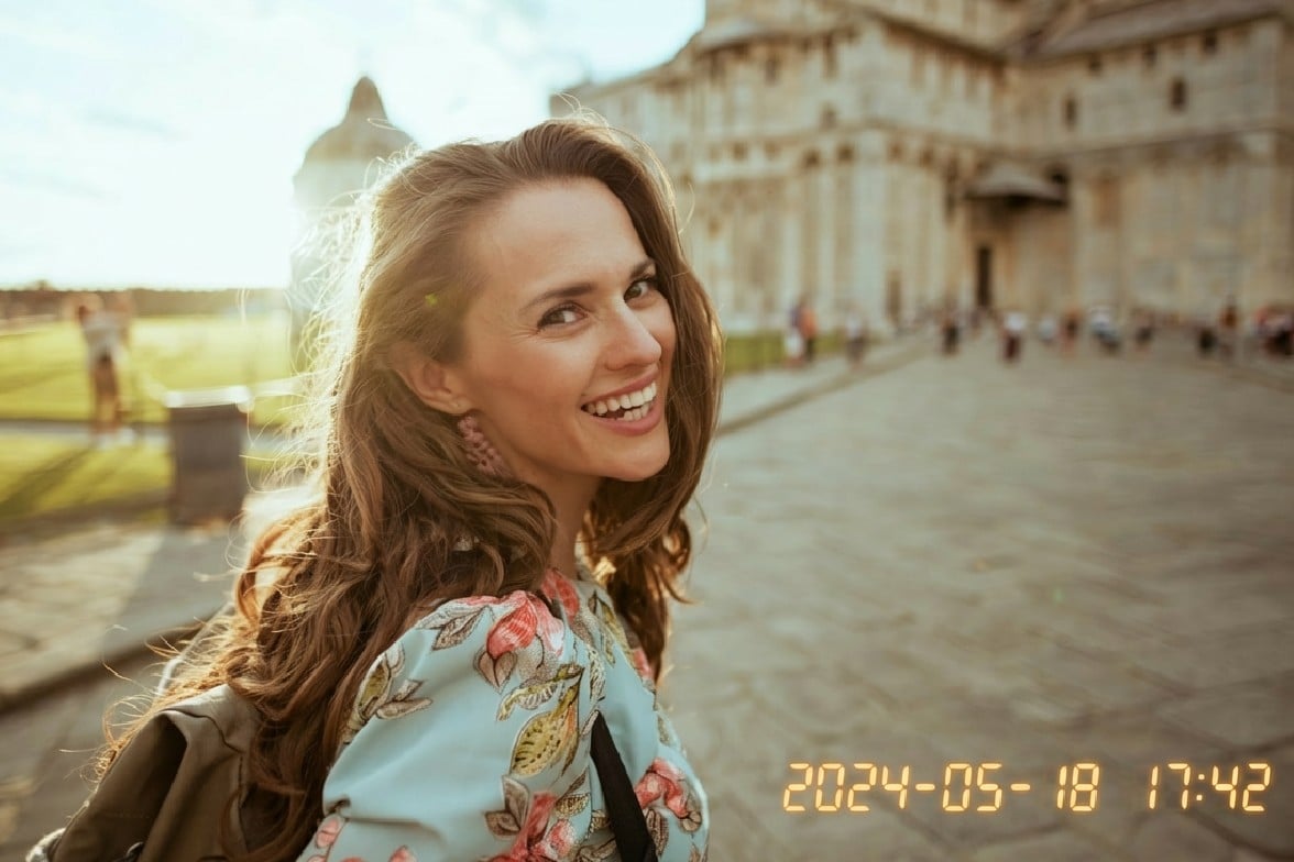 A travel photo of a girl with timestamp
