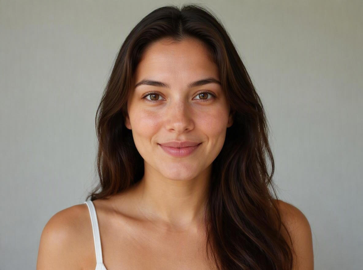 A woman before applying makeup with a natural face and clear facial features