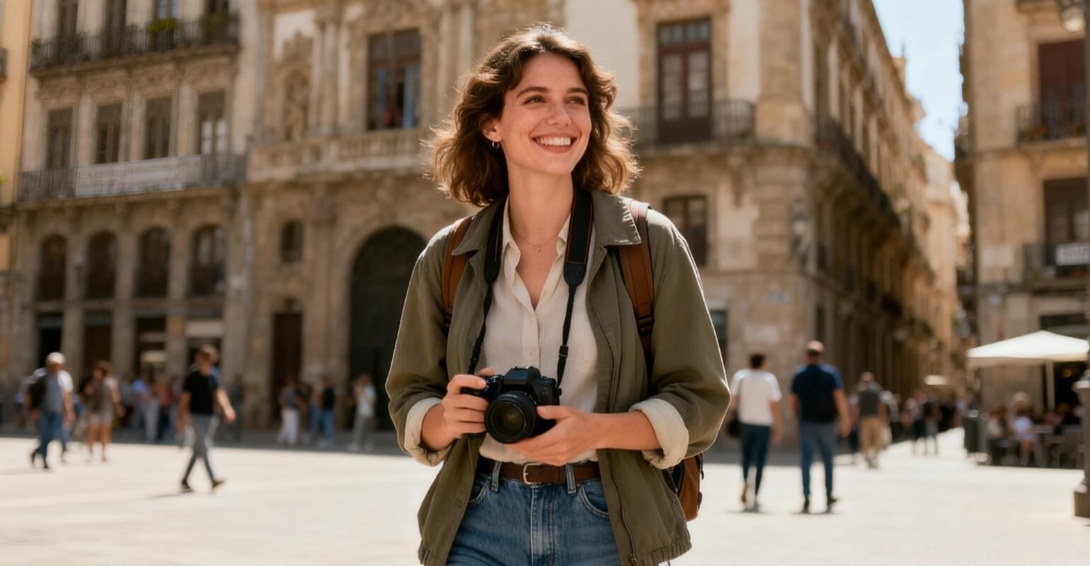 路上でカメラを手に持つ女性の写真を、Fotor AI画像ノイズ除去ツールでノイズと粒状感を除去した