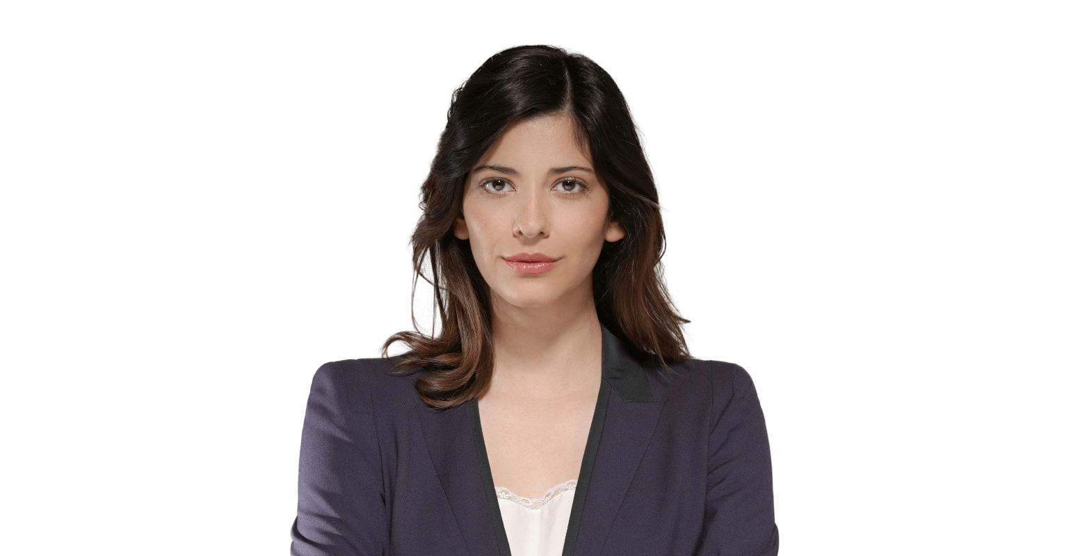 A woman in a suit with a white background