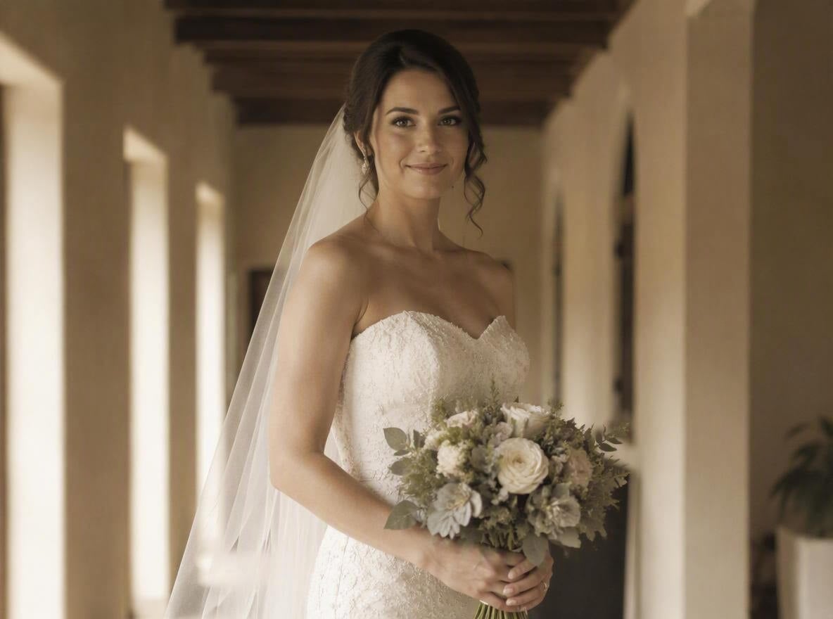 A woman wedding dress photo with faded colors