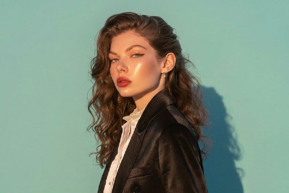 A woman with curly hair and red lips in black jacket